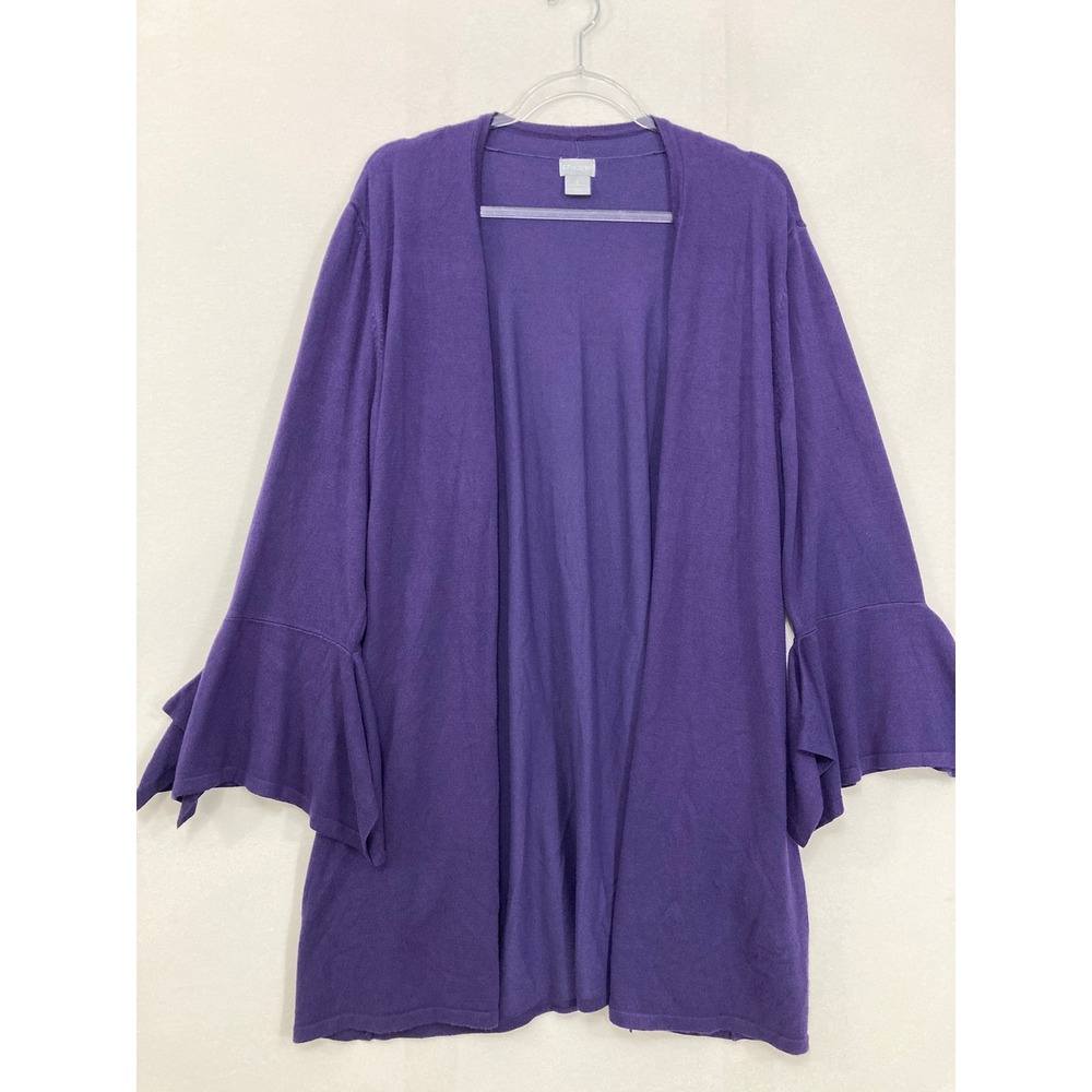 Chico's Cardigan Sweater size XL/3 Purple Bell Sleeve Open Front‎ Longline Knit